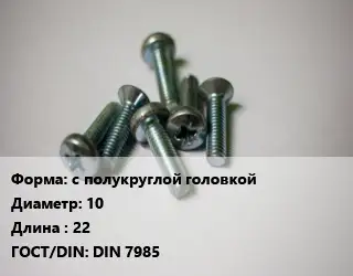 Винт с полукруглой головкой 10х22 DIN 7985